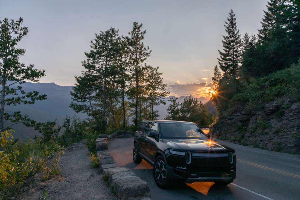 Our Rivian R1S on the Going to the Sun Road in Glacier National Park.